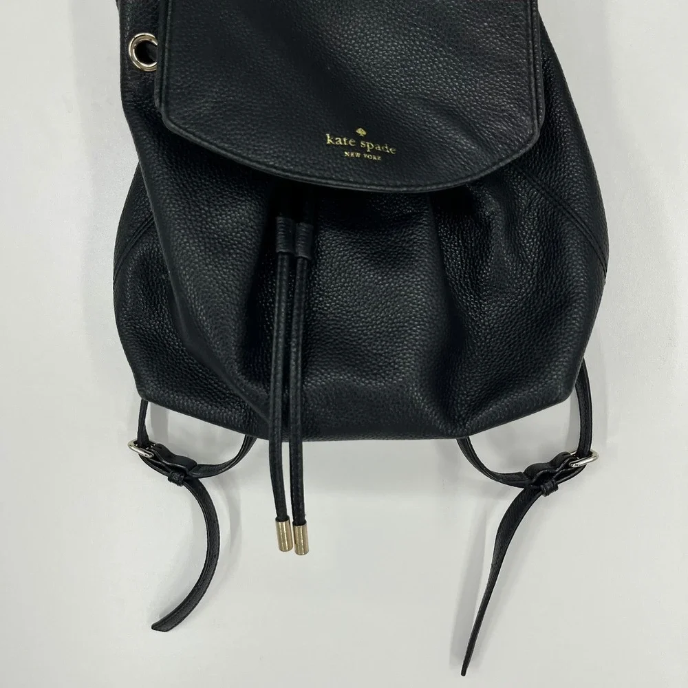 Kate Spade New York Black Pebbled Leather Drawstring Flap Backpack Small